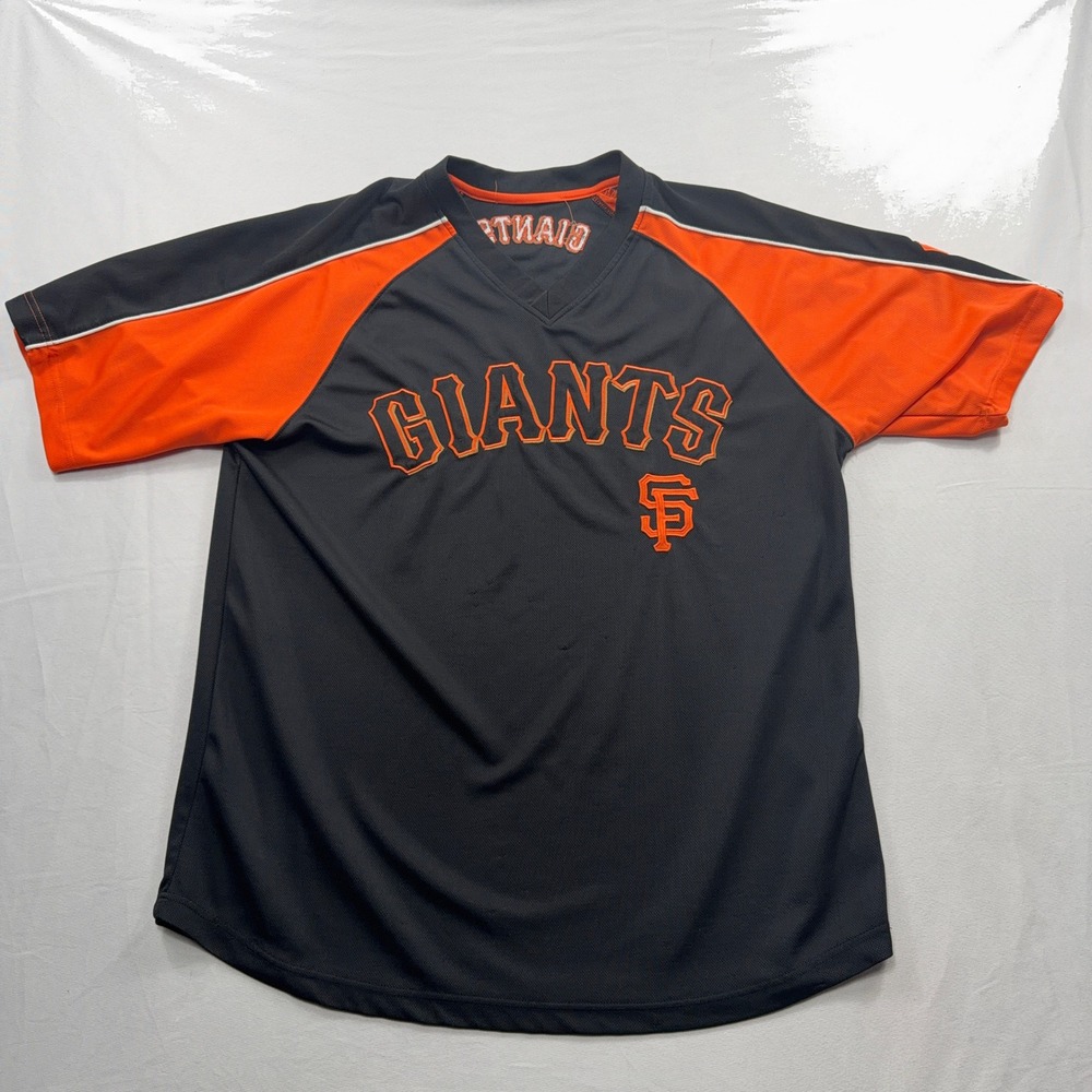 Stitches San Francisco Giants MLB Jersey V-Neck Raglan Mesh Black Orange Mens